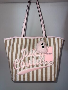 Juicy Couture Cream & Tan Striped Tote with Pink Accents